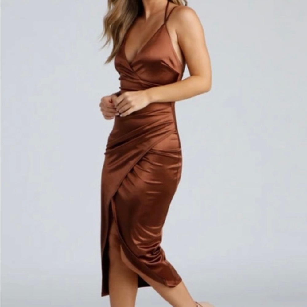 Amanda Wrap Satin Dress-Brown | Windsor